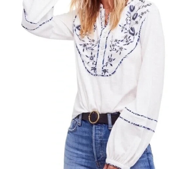 Free People Tops - SOLD SARA Free People Sundance Kid linen blend Henley Embroidered Top size Small